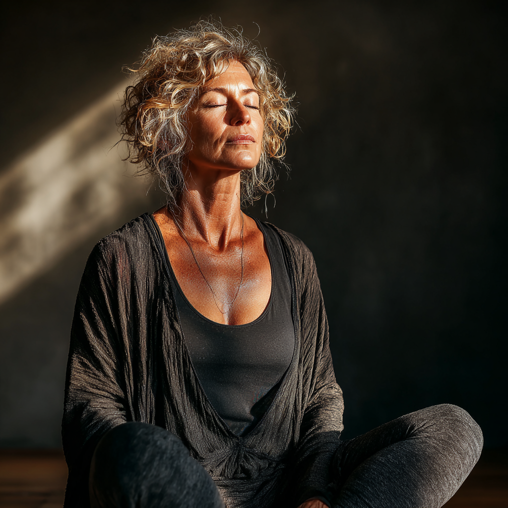 A peaceful middle-aged woman in her 50s sitting in lotus position during yoga practice, wearing comfortable yoga clothes, with eyes closed in meditation, natural lighting, serene expression