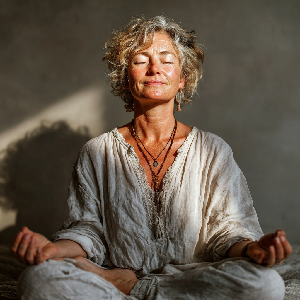 Serene woman in her early 50s sitting in meditation pose with hands in mudra position, peaceful facial expression, wearing light colored clothing, soft natural lighting creating calm atmosphere